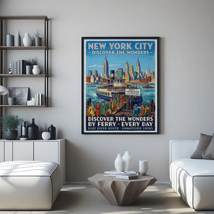 New York City ferry poster with skyline, Statue of Liberty, and text.
