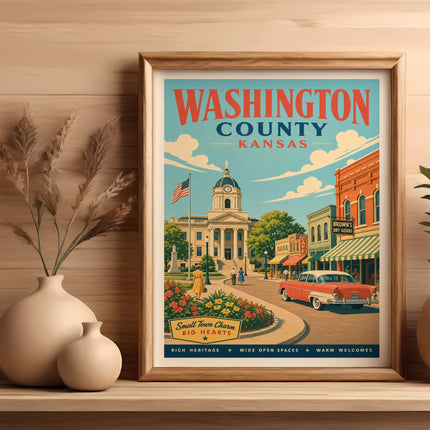 Washington County, Kansas poster with town square, vintage car, and text.