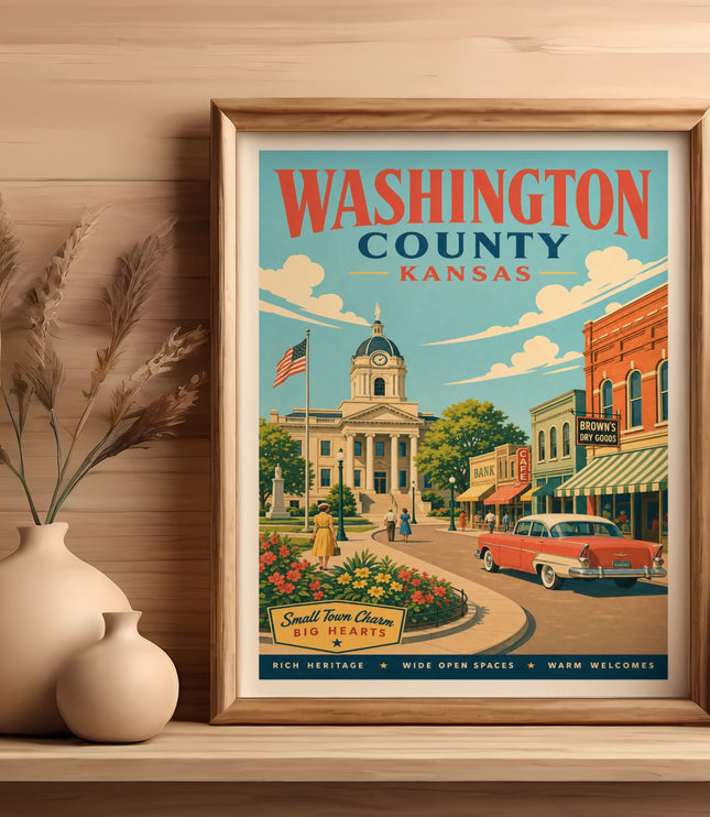 Washington County, Kansas poster with town square, vintage car, and text.