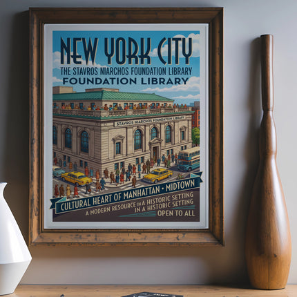 New York City Stavros Niarchos Foundation Library poster with text.