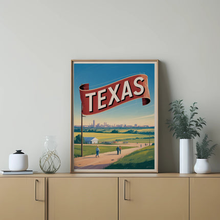 Vintage Texas travel poster with cityscape and people on a road.