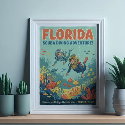 Vintage Florida scuba diving adventure poster with divers and sea life.