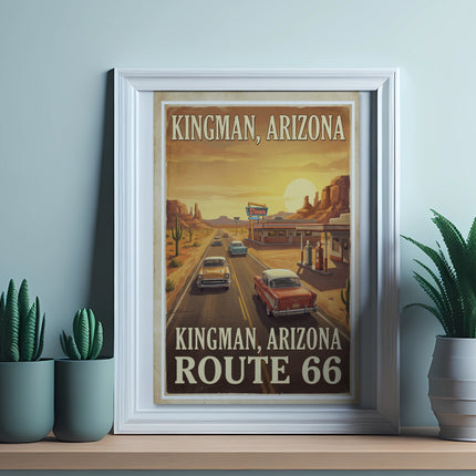 Kingman, Arizona Route 66 retro poster featuring classic cars, diner, and desert landscape.