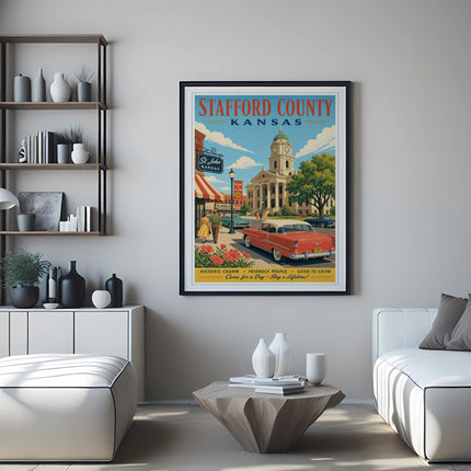 Stafford County Kansas poster with town illustration and welcome text.