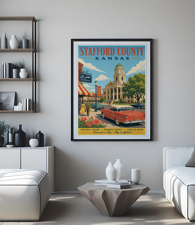 Stafford County Kansas poster with town illustration and welcome text.