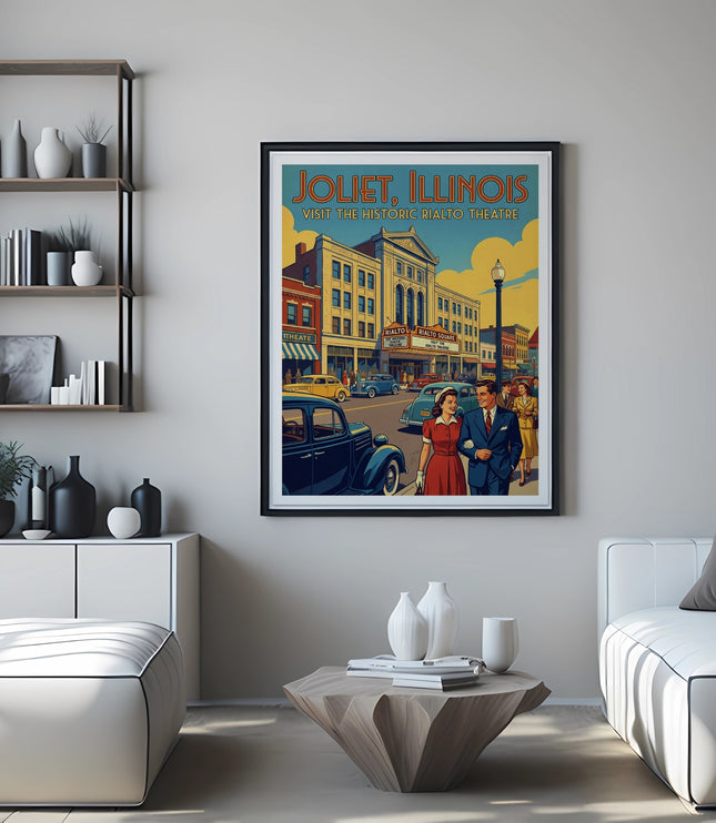 Joliet, Illinois vintage poster with a couple walking by the historic Rialto Theatre.