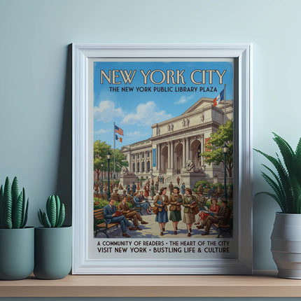 New York City Public Library Plaza poster with people and text.