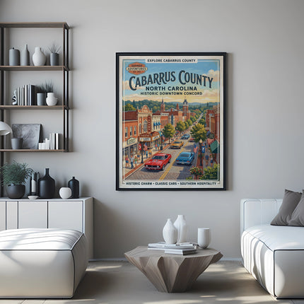 Vintage travel poster for Cabarrus County, North Carolina with downtown Concord scene.