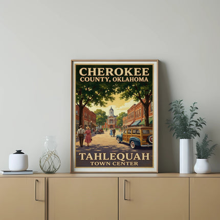 Cherokee County, Oklahoma, Tahlequah Town Center vintage poster with woody car