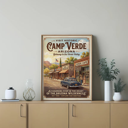 Historic Camp Verde Arizona vintage travel poster with a scene of Main Street.