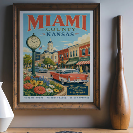 Vintage poster of Paola, Kansas, featuring a classic car and historic buildings.