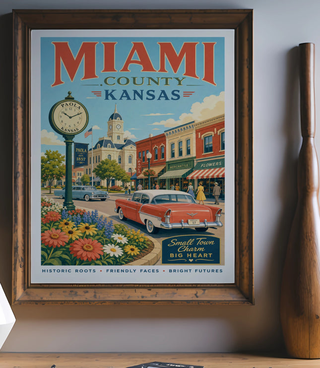 Vintage poster of Paola, Kansas, featuring a classic car and historic buildings.