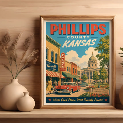 Vintage Phillips County Kansas poster with a red car and buildings.