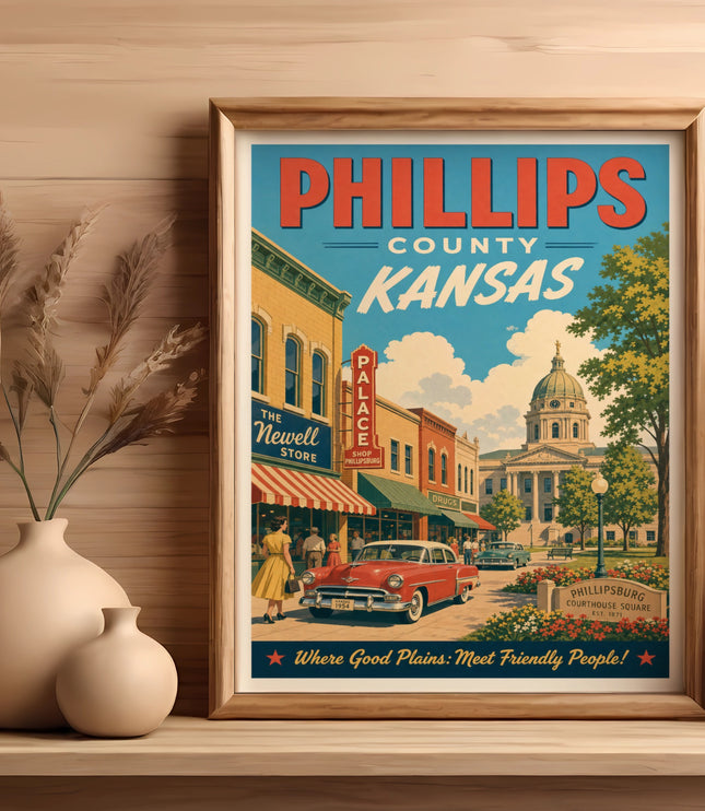 Vintage Phillips County Kansas poster with a red car and buildings.