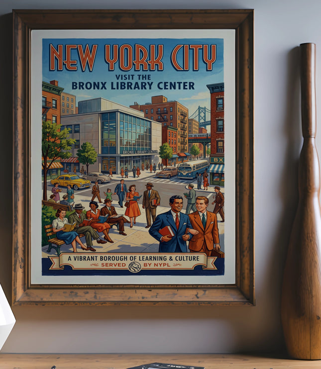 New York City poster featuring the Bronx Library Center and city street scene.