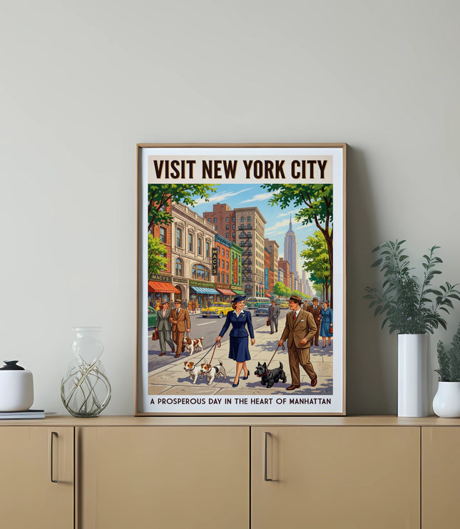 Vintage New York City poster showing people walking dogs on a busy street.