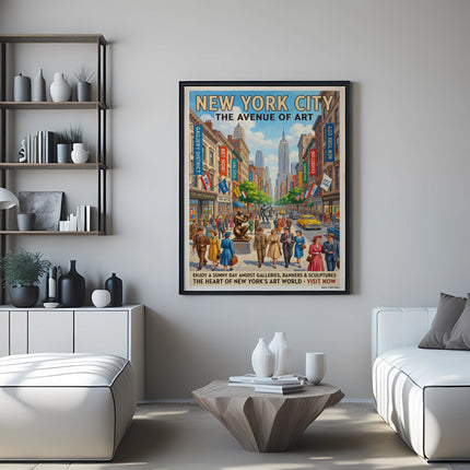 Vintage New York City art gallery district poster with street scene and text.