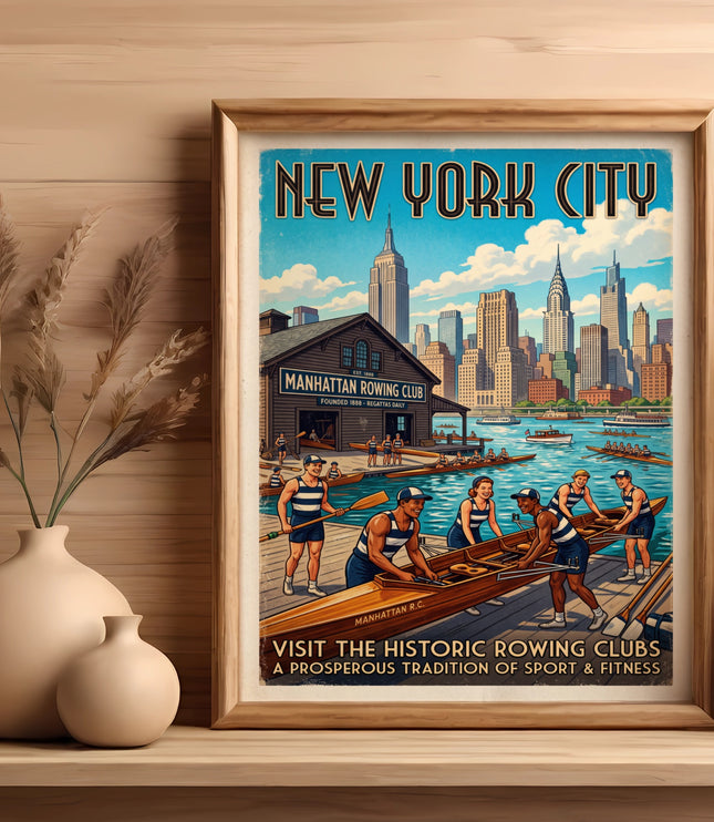 New York City rowing poster depicting Manhattan Rowing Club with skyline and rowers.
