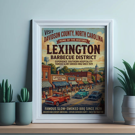 Vintage poster of Lexington Barbecue District, Davidson County, NC.