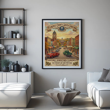 Poster of Historic Downtown Florence, South Carolina, with vintage cars and buildings.