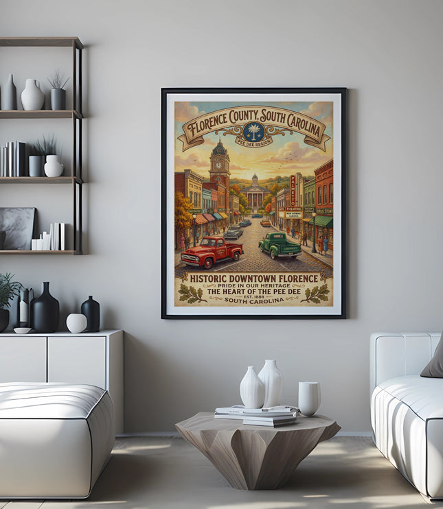 Poster of Historic Downtown Florence, South Carolina, with vintage cars and buildings.