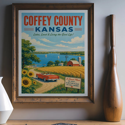 Poster for Coffey County, Kansas, with text and scenic illustration.