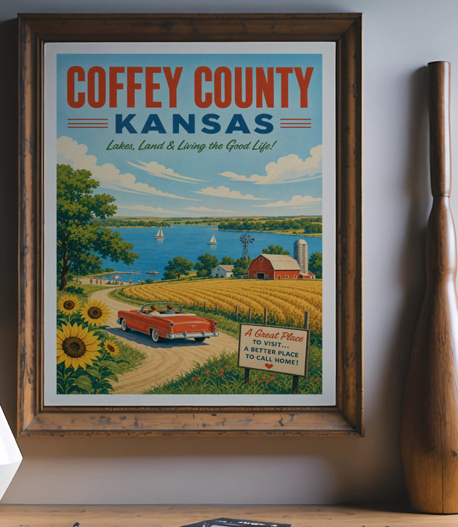 Poster for Coffey County, Kansas, with text and scenic illustration.