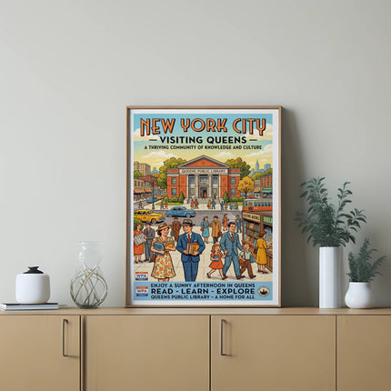 Vintage poster for Queens Public Library with "New York City" title.