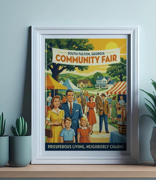 Framed poster of a vintage South Fulton, Georgia Community Fair with a diverse group of people.