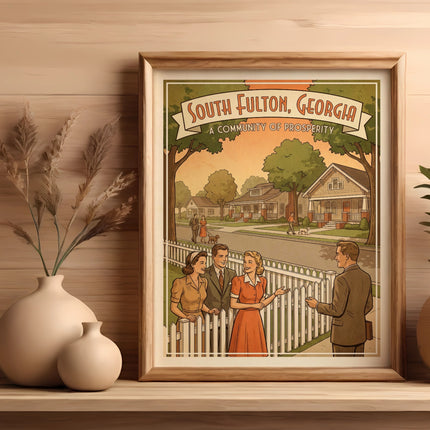 Framed vintage poster of South Fulton, Georgia, community of prosperity, with people.