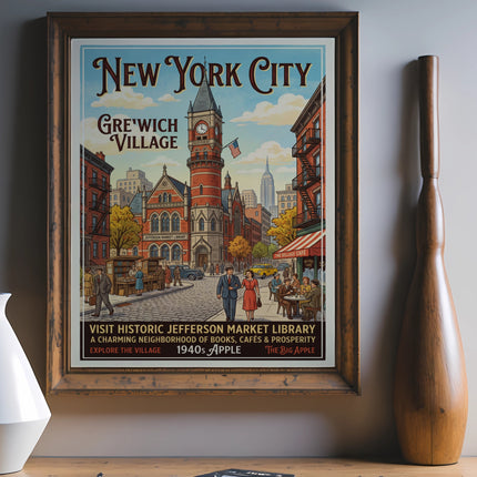 New York City Greenwich Village vintage poster featuring Jefferson Market Library.