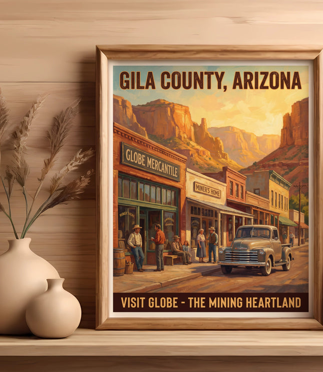 Poster of Gila County, Arizona, showing Globe Mercantile, Miner's Home, and a vintage truck.