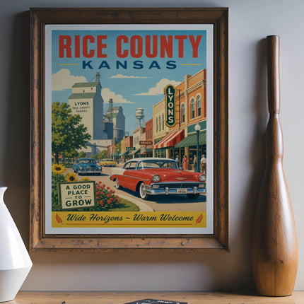 Vintage Rice County, Kansas travel poster featuring a red 1956 car and town scene.