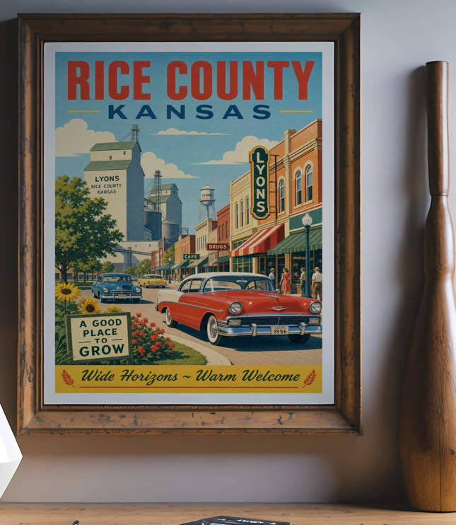 Vintage Rice County, Kansas travel poster featuring a red 1956 car and town scene.