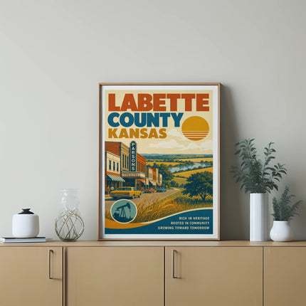 Vintage poster of Labette County, Kansas with sun, landscape, and buildings.