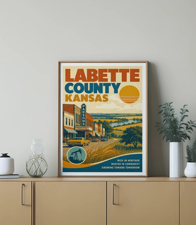 Vintage poster of Labette County, Kansas with sun, landscape, and buildings.