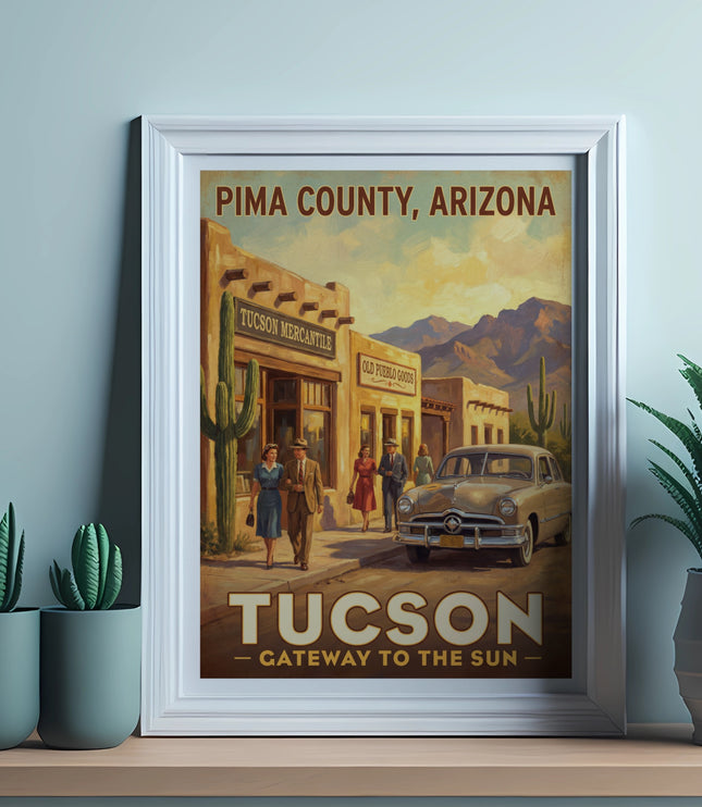 Retro poster for Pima County, Arizona, featuring Tucson Mercantile, Old Pueblo Goods, and a vintage car.