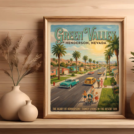 Green Valley Henderson, Nevada poster with vintage cars and palm trees.