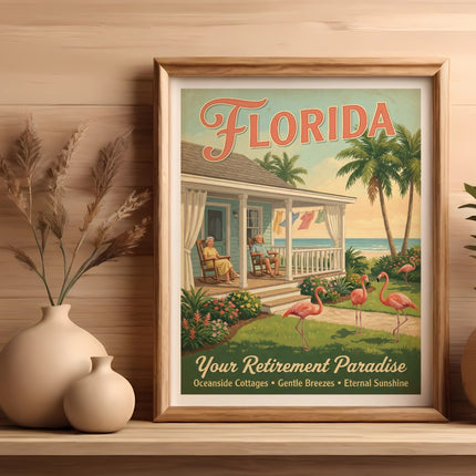 Framed "Florida" poster with flamingos, palm trees, and a beach cottage scene.
