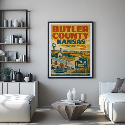 Butler County Kansas poster with farms, community, and open spaces.
