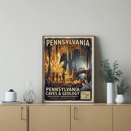 Pennsylvania Caves & Geology poster with Lincoln Caverns and Penn's Cave.