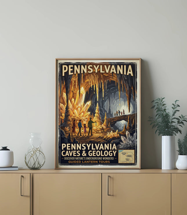 Pennsylvania Caves & Geology poster with Lincoln Caverns and Penn's Cave.