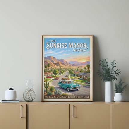 Vintage travel poster of Sunrise Manor, Nevada with desert landscape and cars.