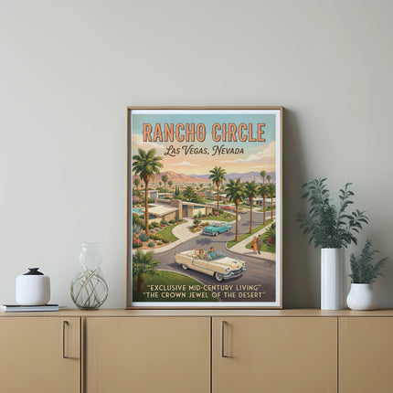 Rancho Circle Las Vegas Nevada vintage poster with mid-century homes and cars.