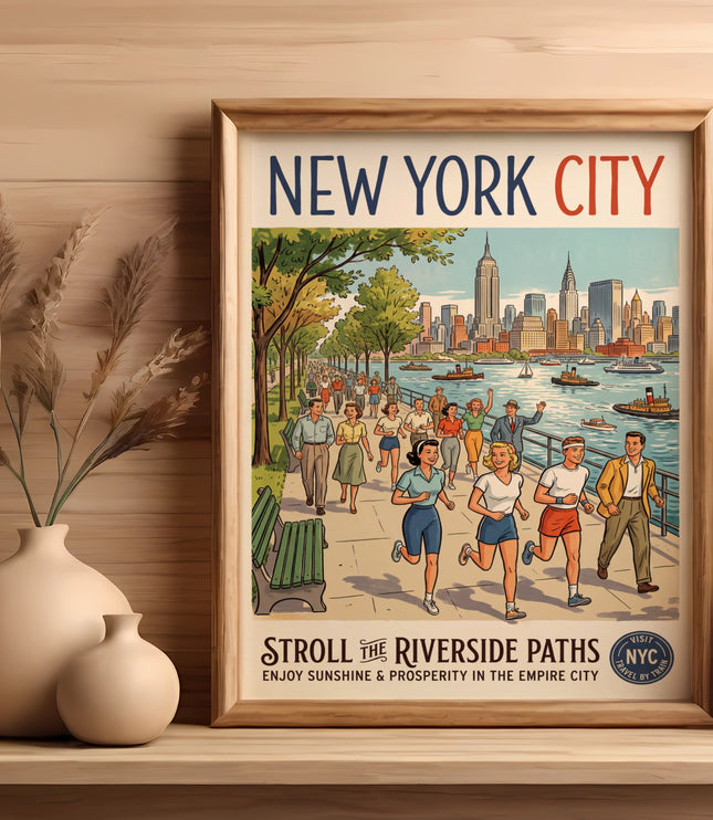 New York City poster showing people walking by the riverside with skyline and text "Stroll the Riverside Paths".