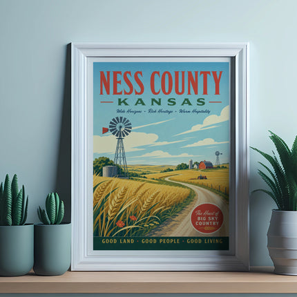 Vintage Ness County, Kansas travel poster with farm scene and text.