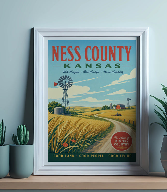 Vintage Ness County, Kansas travel poster with farm scene and text.