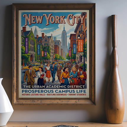 New York City: The Urban Academic District poster with historic buildings and vibrant students.