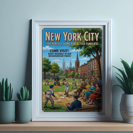 Vintage New York City poster advertising baseball for active families.
