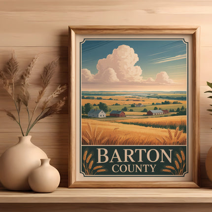 Framed landscape painting of Barton County with wheat fields and farmhouses.